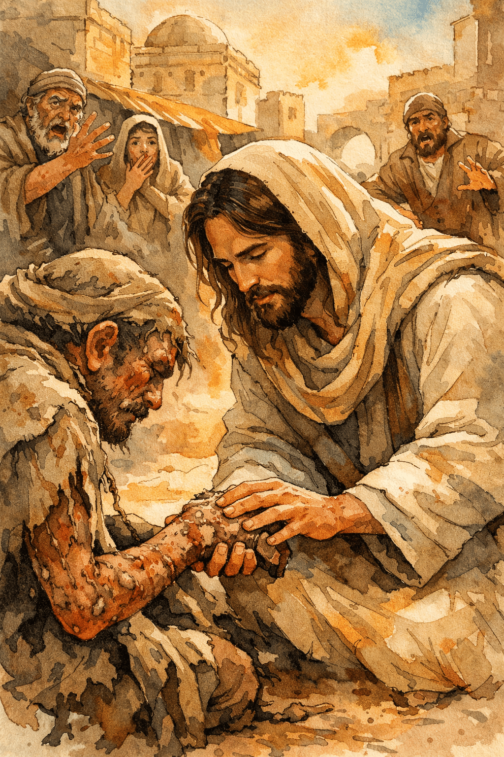 () editorial illustration depicting Jesus kneeling beside a person with leprosy in a dusty marketplace, reaching out to