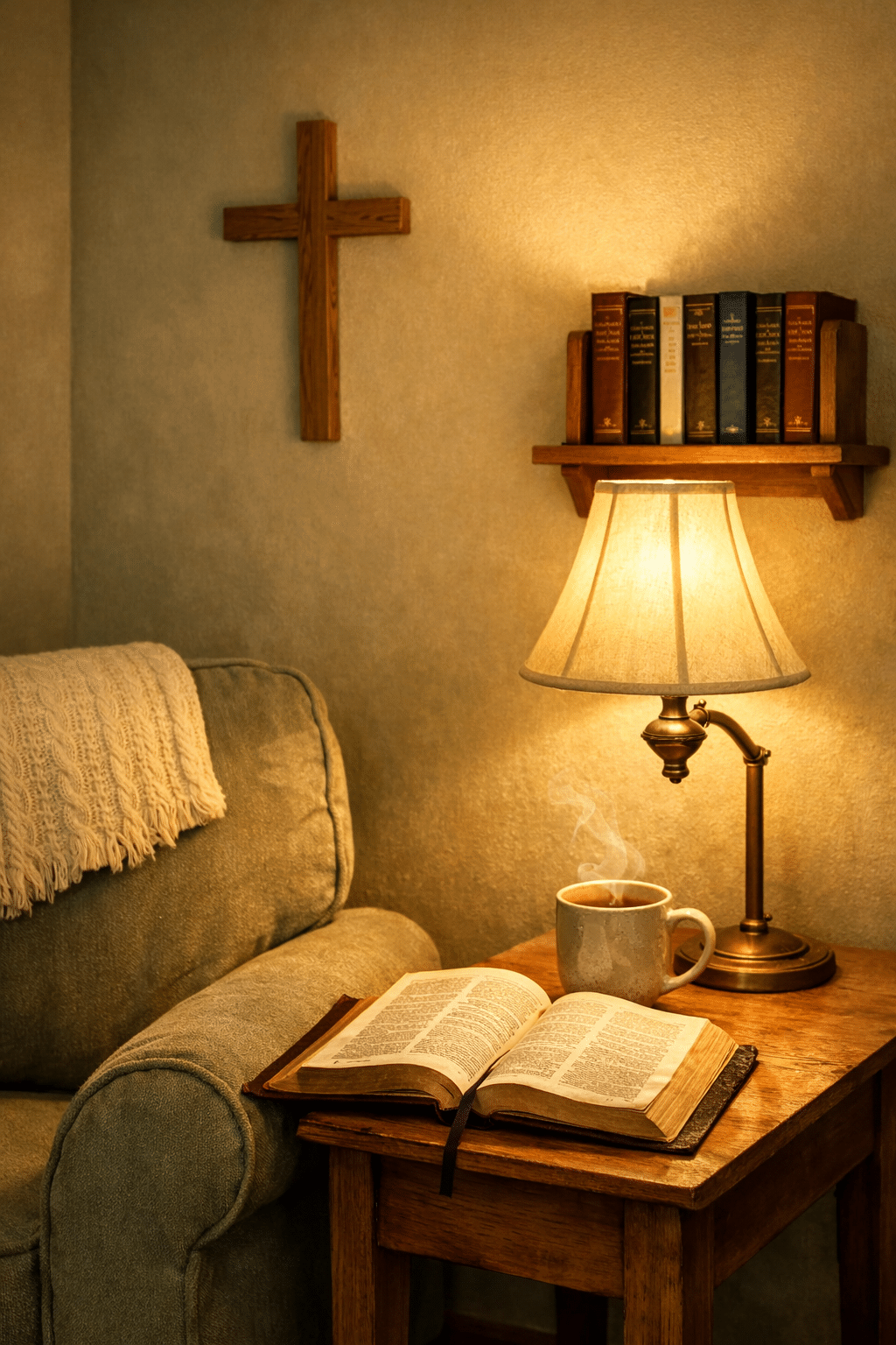 Portrait/Pinterest format () editorial image depicting a cozy reading nook with a single armchair, small side table holding
