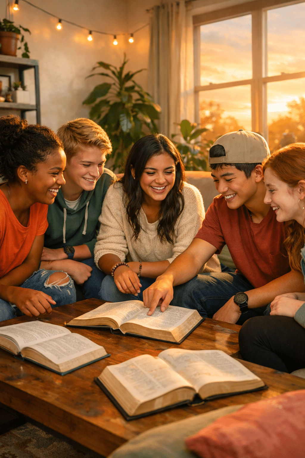 Portrait/Pinterest format () editorial illustration of a vibrant youth group setting with five teens of diverse backgrounds