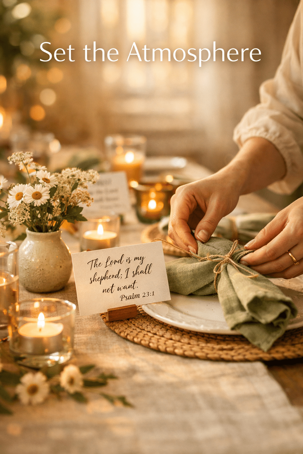 Portrait/Pinterest format () editorial image depicting a woman's hands arranging a beautiful tablescape with linen napkins,