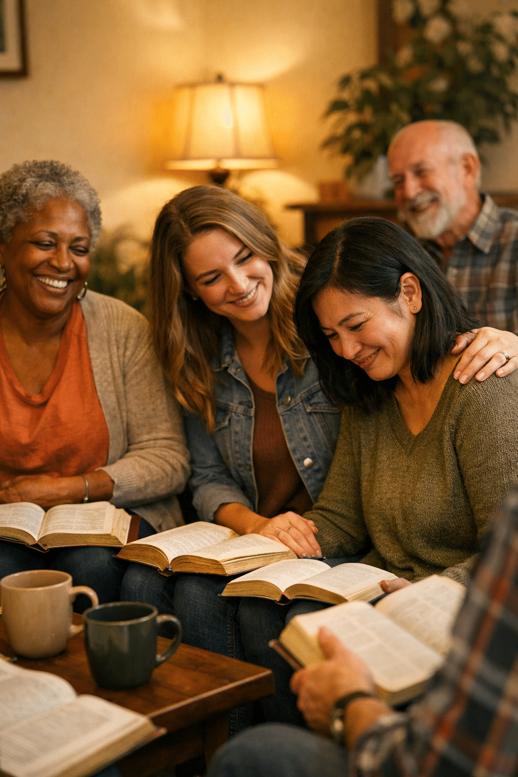 () warm editorial photograph showing a diverse small group of people sitting in a circle in a cozy living room, Bibles open,