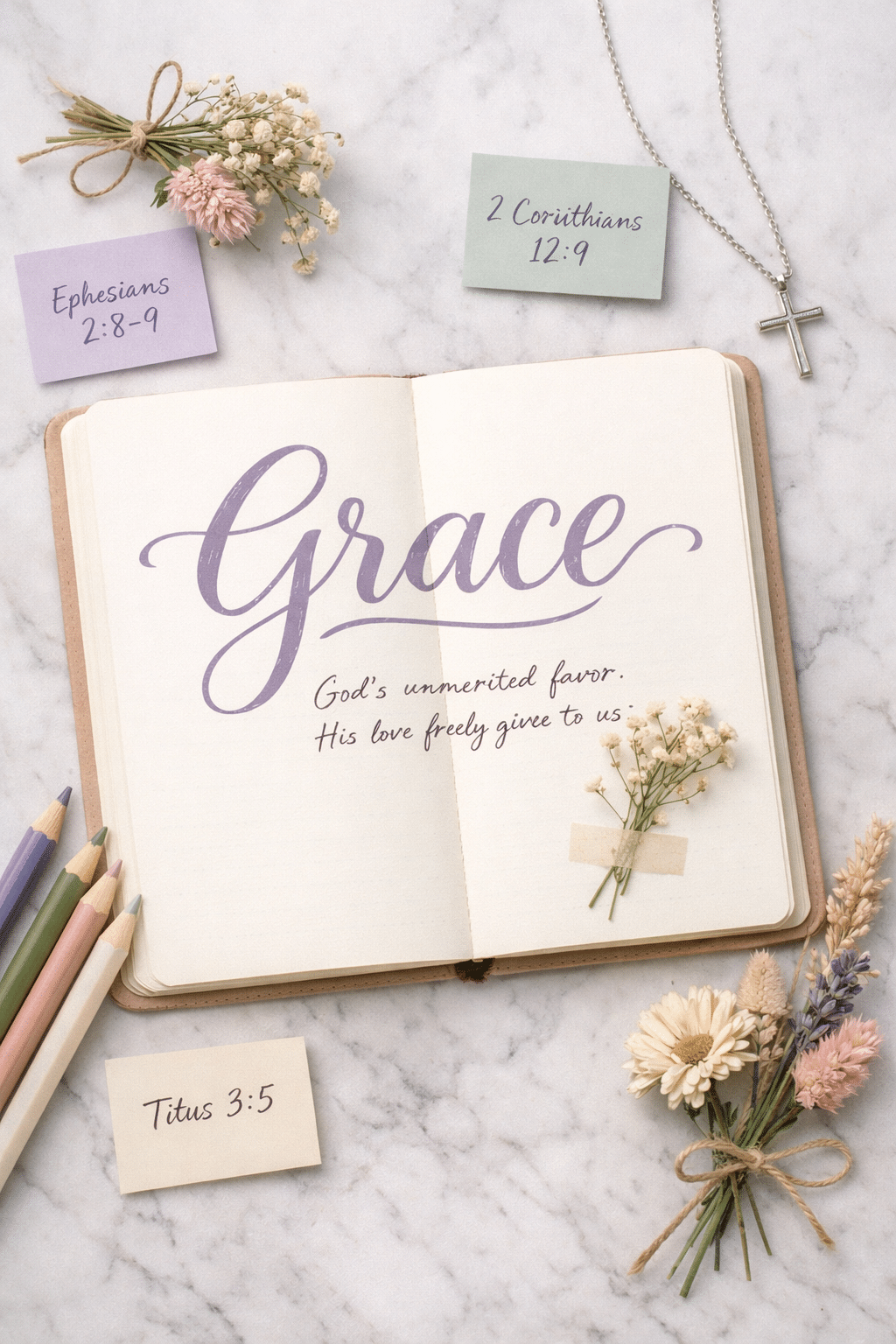 Portrait/Pinterest format () overhead flat-lay photograph of a journal open to a handwritten page with the word GRACE in