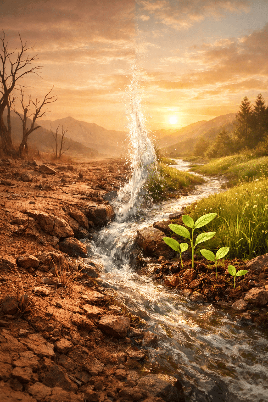 Why Grace Must Come Before Growth section: Conceptual split-screen image comparing barren, dry landscape on left