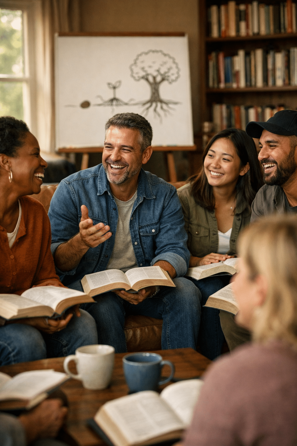 () warm pastoral scene of a diverse small group of modern Christians gathered in a cozy living room with open Bibles on
