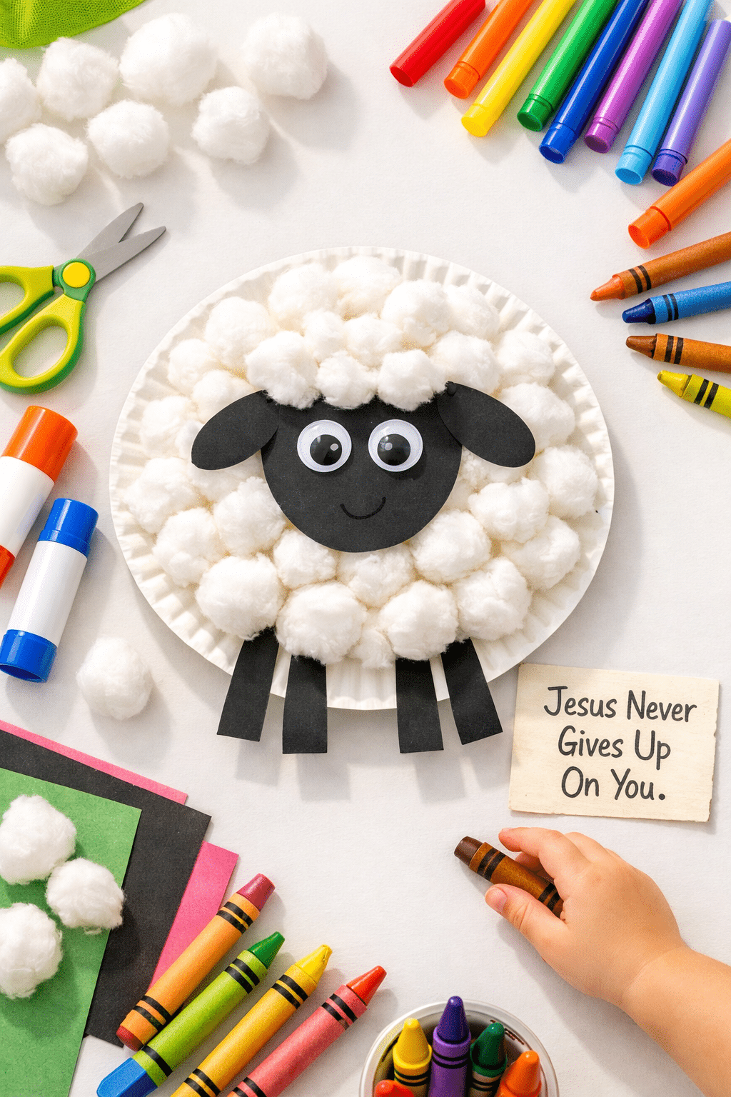 () editorial image showing a flat lay craft scene from above: a completed paper plate sheep craft with cotton balls glued