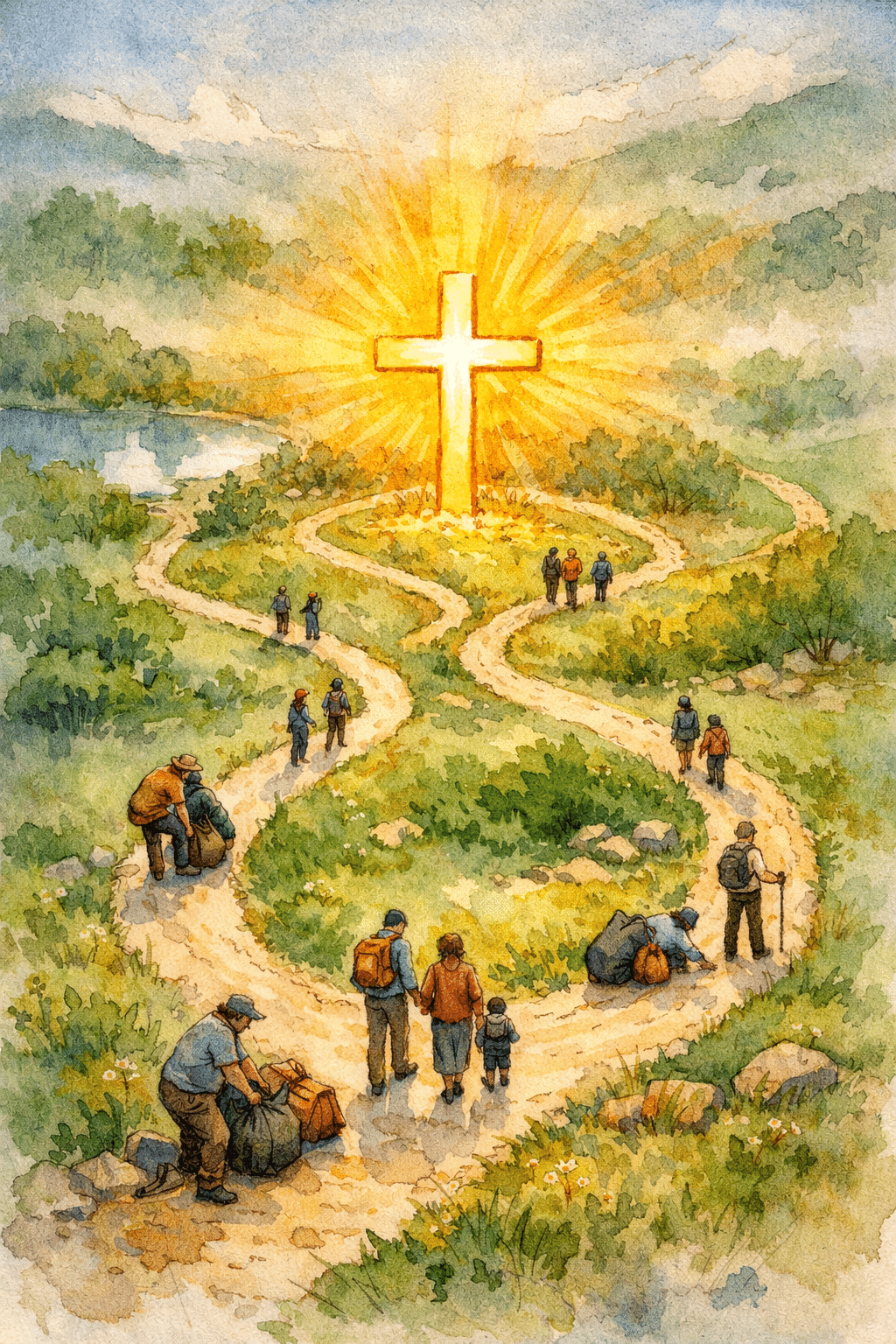 () aerial birds-eye view of a winding path through a lush green landscape leading to a bright golden cross at the center