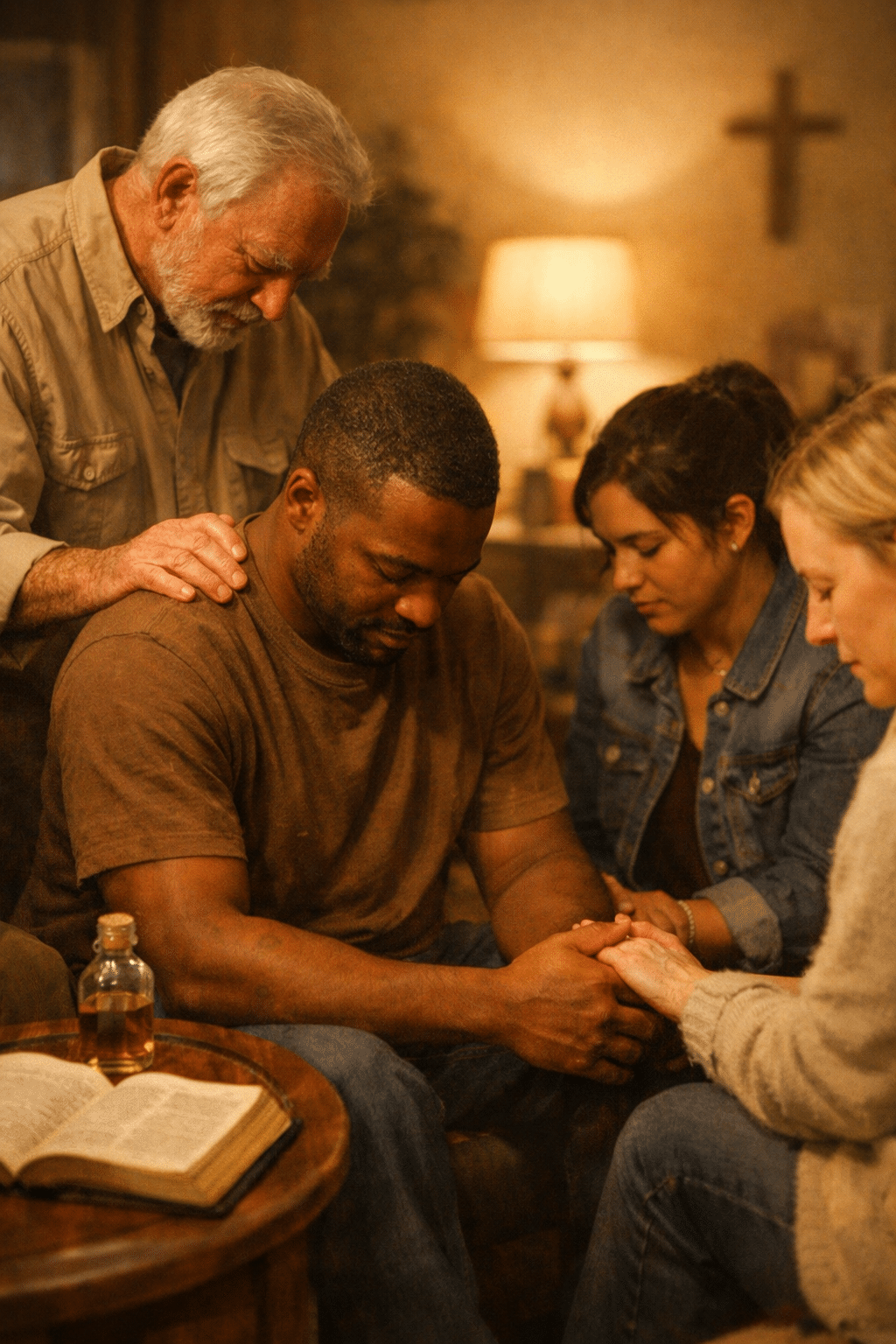 () editorial illustration showing a diverse small group of believers gathered in a living room circle, heads bowed in prayer