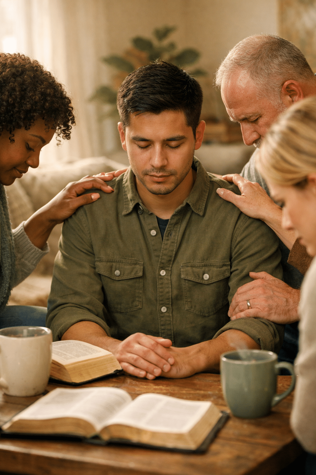 Portrait/Pinterest format () warm modern photograph-style image of a diverse small group Bible study gathered around a