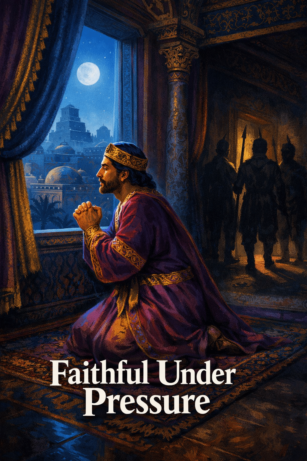 () editorial illustration showing Daniel kneeling in prayer beside an open window in a Babylonian palace chamber, with