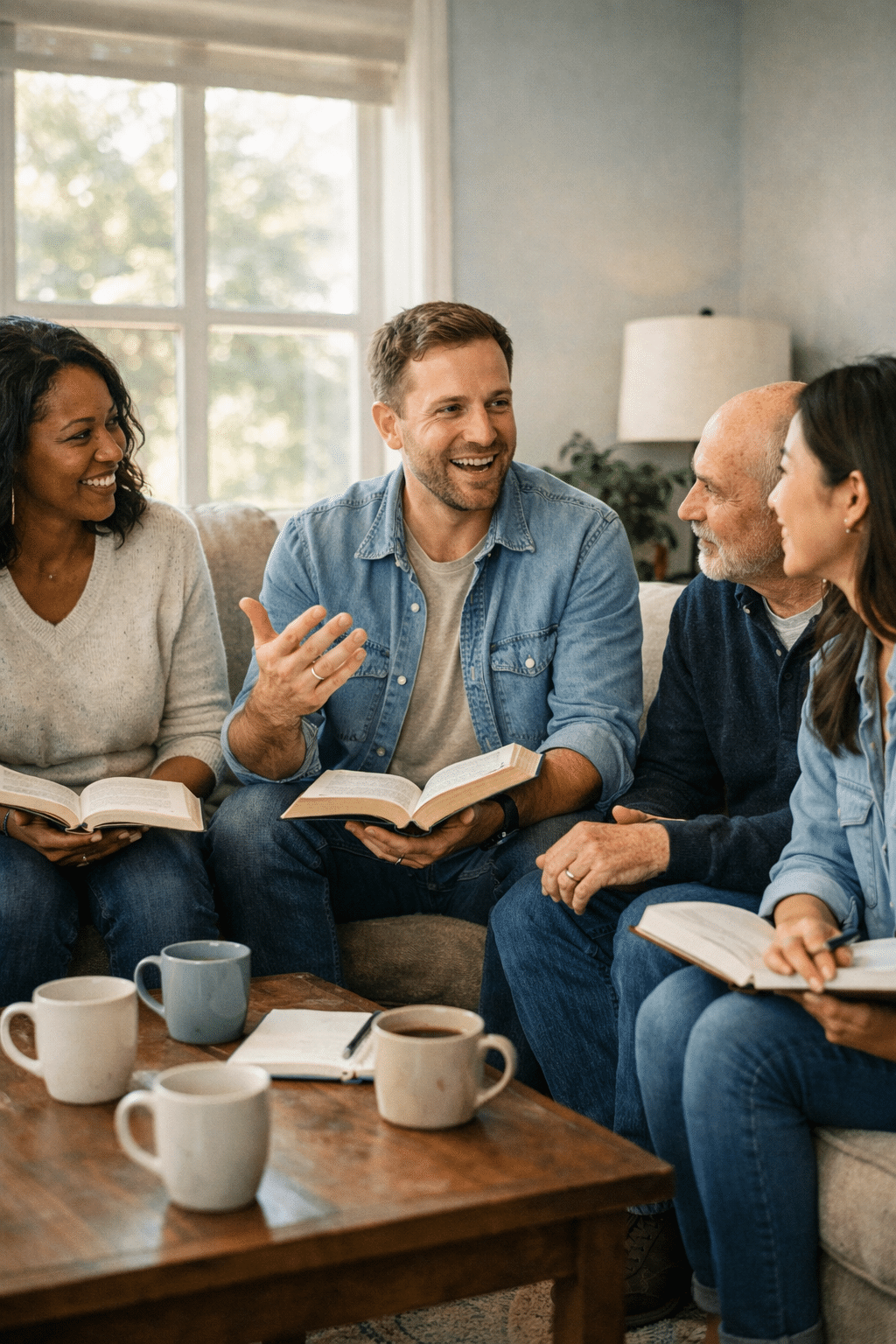 Portrait/Pinterest format () editorial image showing a diverse small group of four adults sitting in a circle in a living