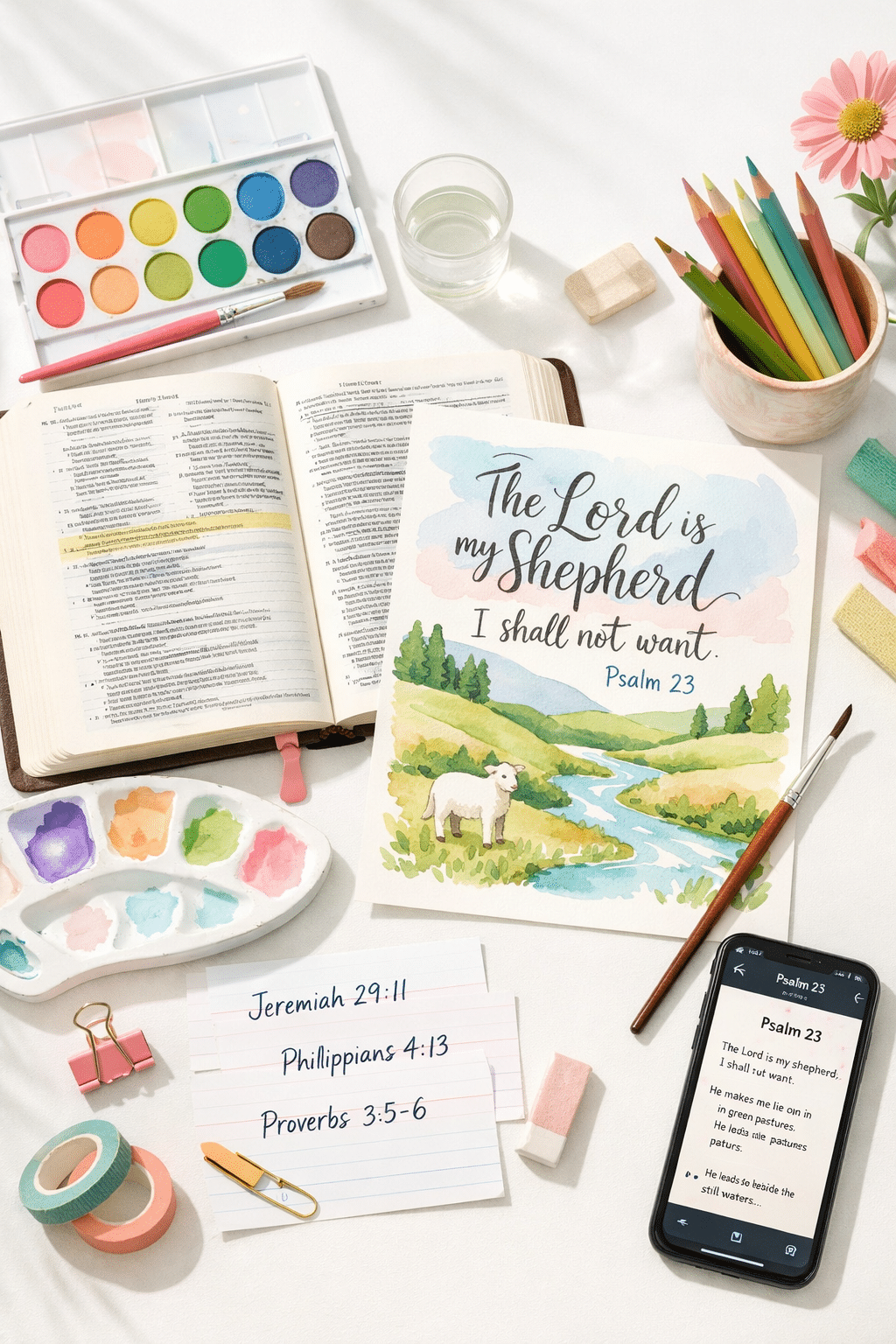 Portrait/Pinterest format () editorial image showing a creative flat-lay arrangement on a white desk featuring an open
