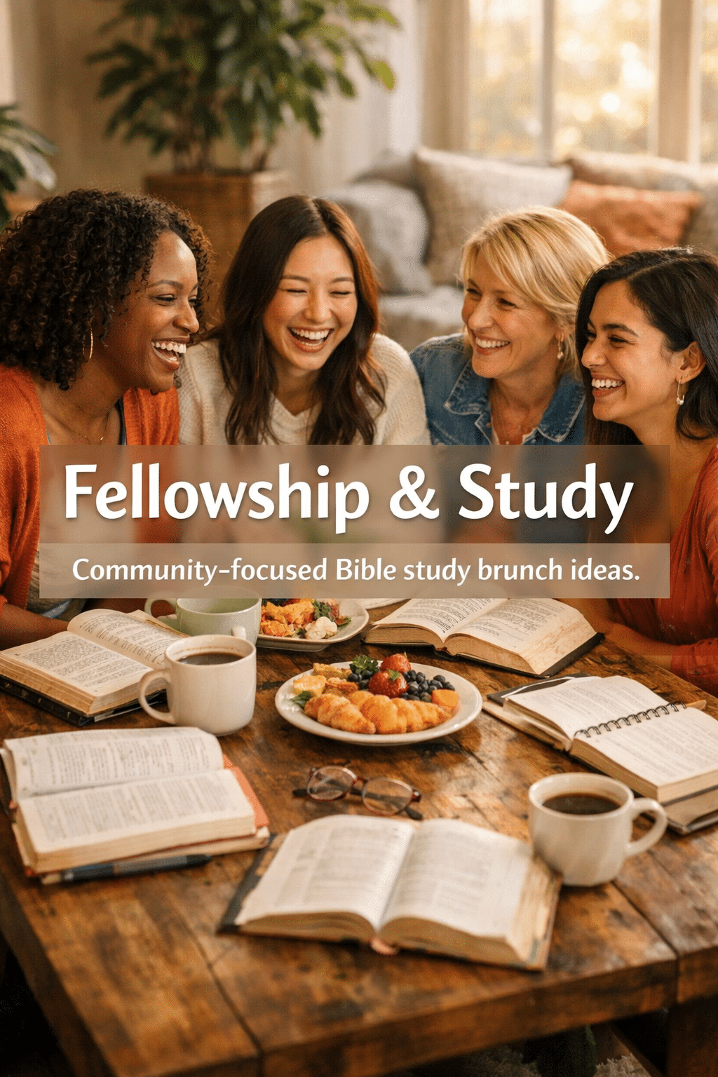 Portrait/Pinterest format () editorial image showing a diverse group of four women sitting around a brunch table laughing