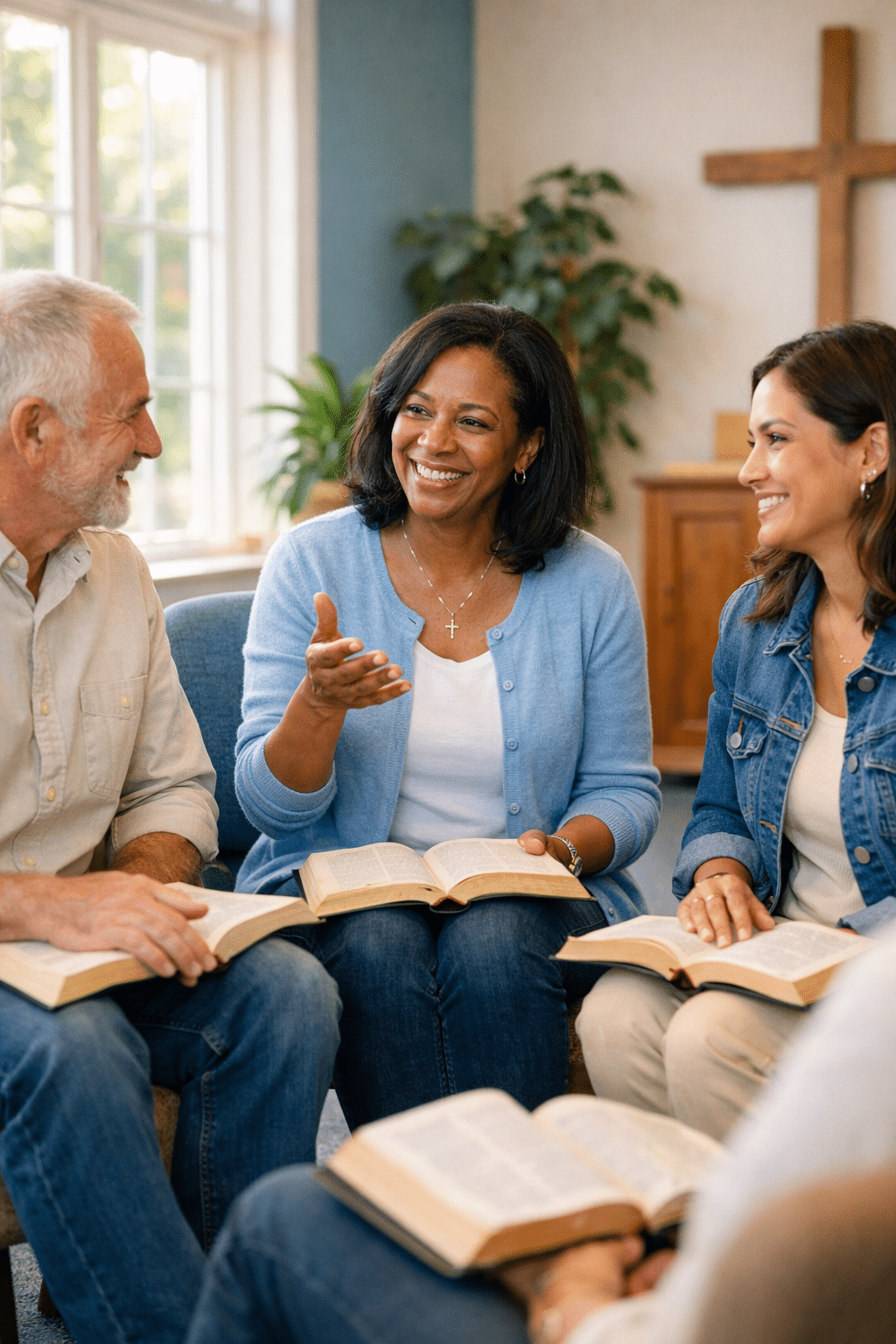 Portrait/Pinterest format () editorial image showing a diverse small group of three people sitting in a circle on