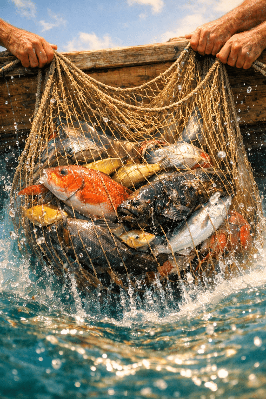 Portrait/Pinterest format () inspirational image of a large fishing net being pulled from turquoise Mediterranean waters by