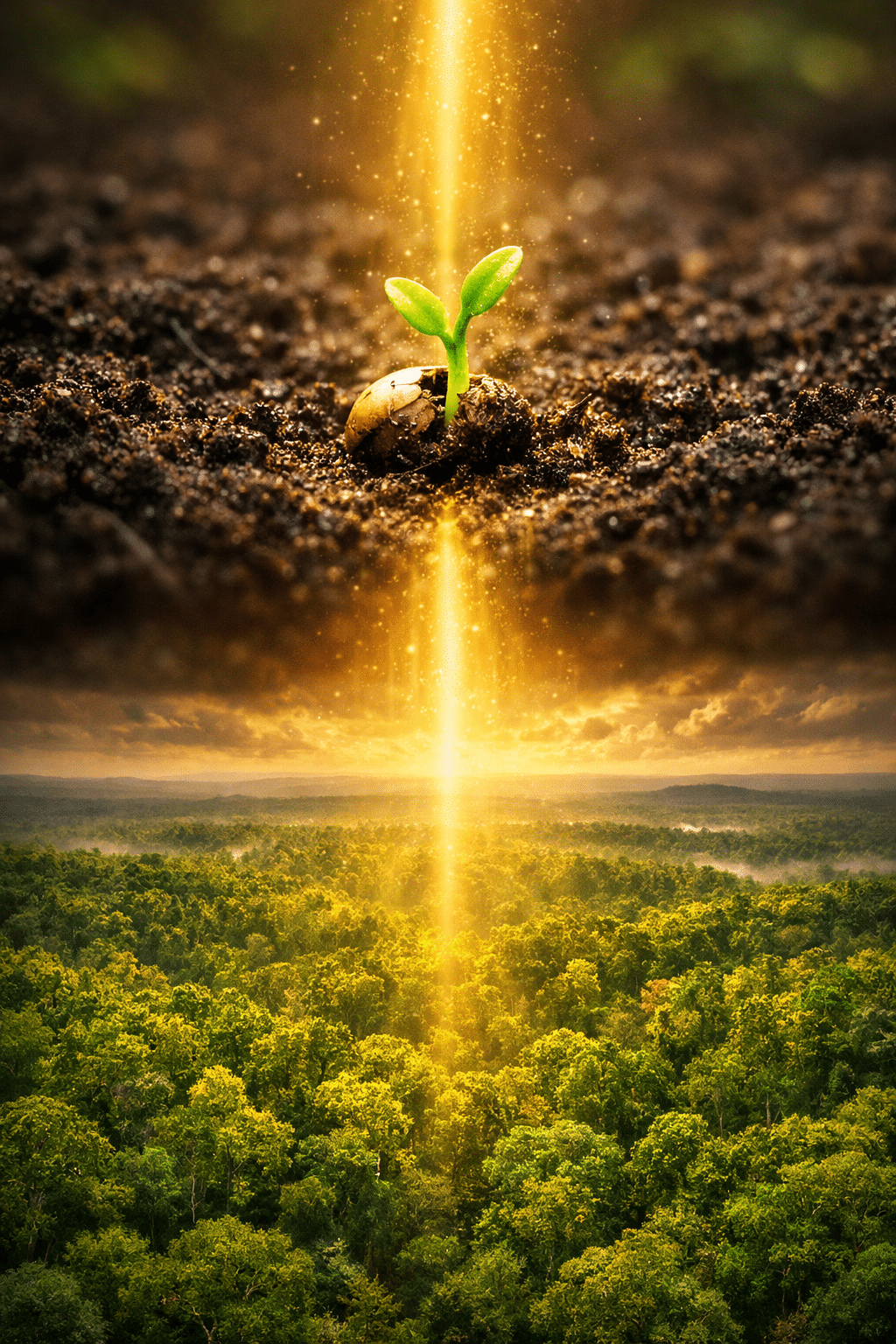 () conceptual split-image composition showing transformation. Top half depicts a single small seed planted in dark rich soil