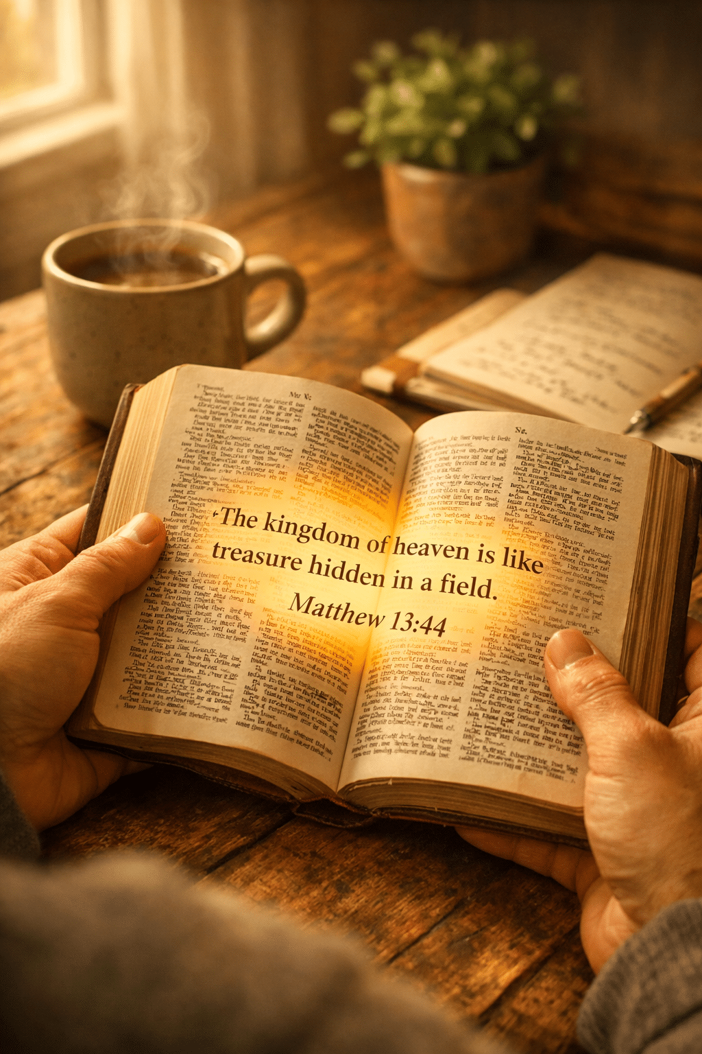 () warm close-up photograph of two hands holding an open Bible with Matthew 13:44 highlighted in golden light, resting on a