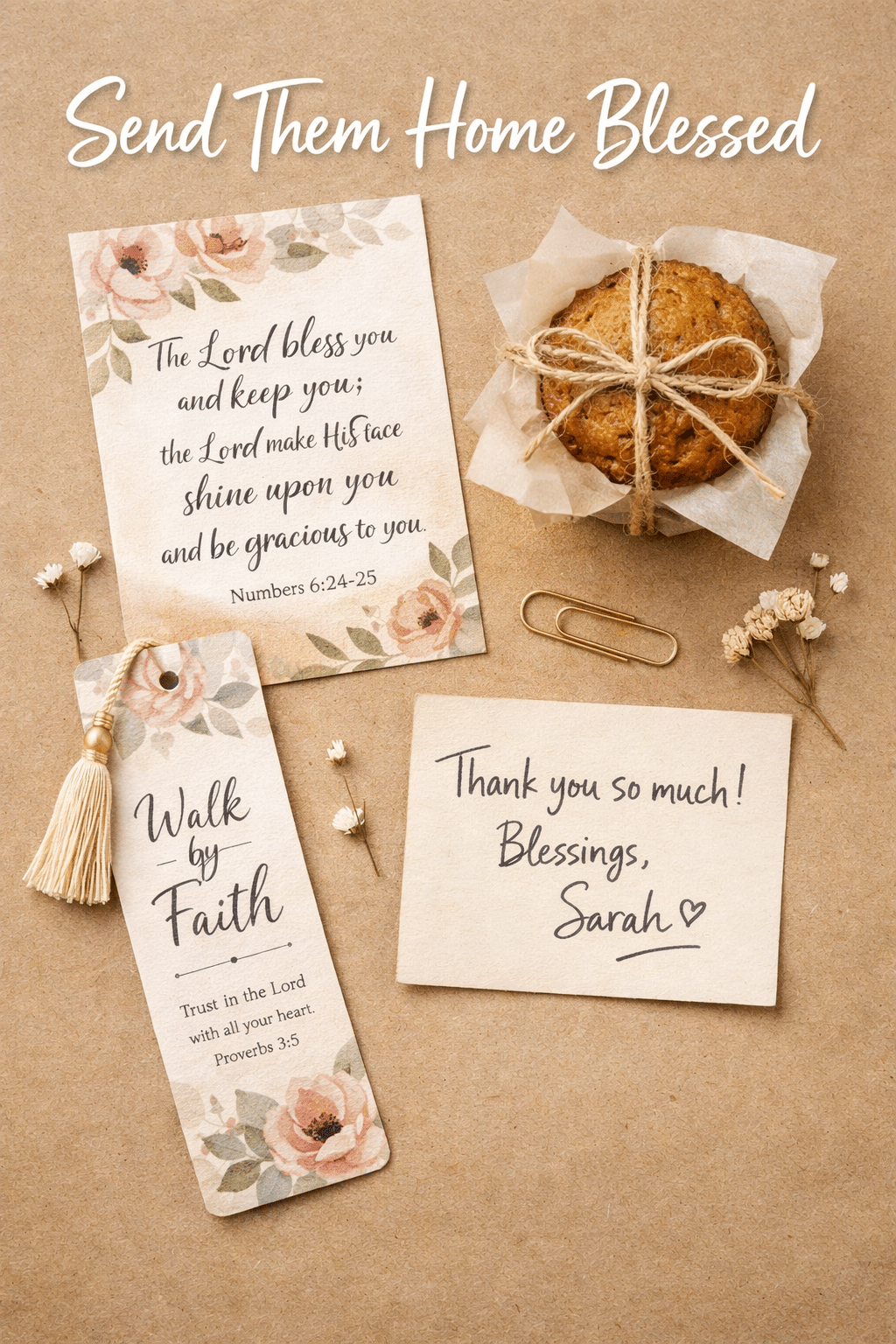 Portrait/Pinterest format () editorial image showing a creative flat lay of bible study brunch takeaway items: a printed