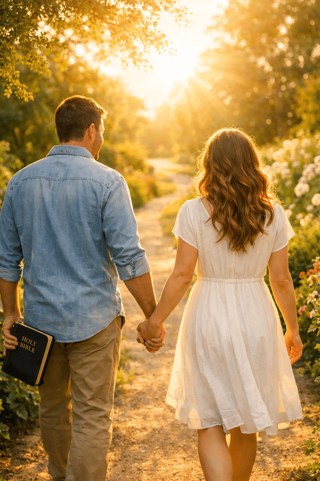 () bright and hopeful editorial image showing a couple walking together on a sunlit path through a garden, the man carrying