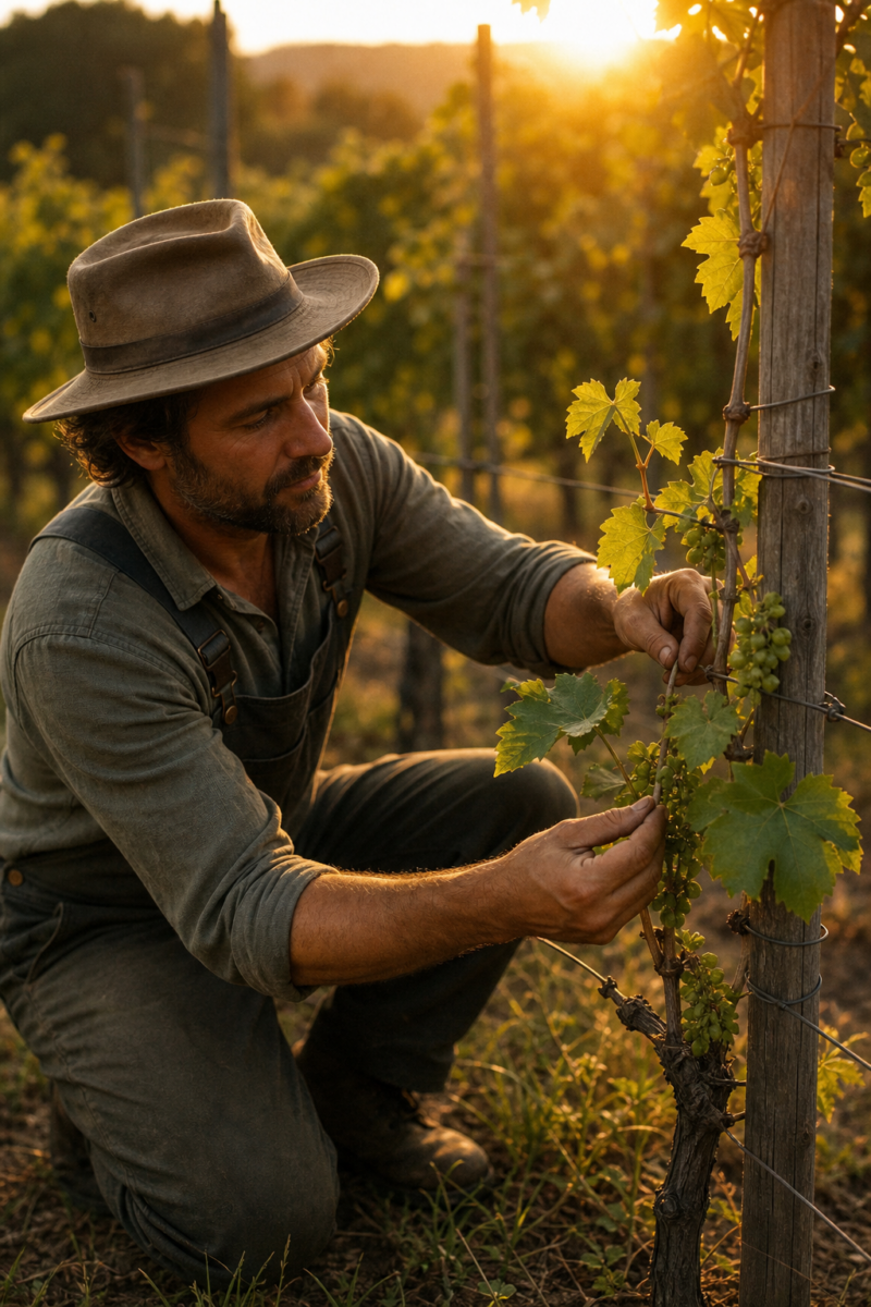 A bearded man in a wide brim hat tends to grapevines in a vineyard at golden