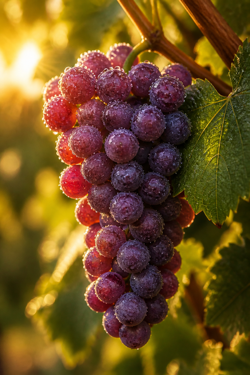 A cluster of ripe red and purple grapes with water droplets hanging on a vine,