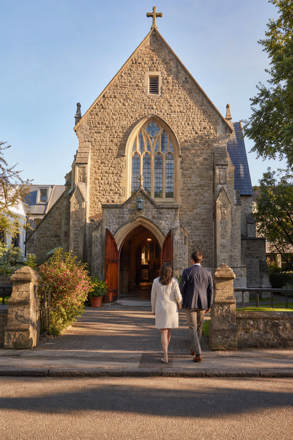 A couple walks hand in hand toward the open doors of a Gothic stone church with
