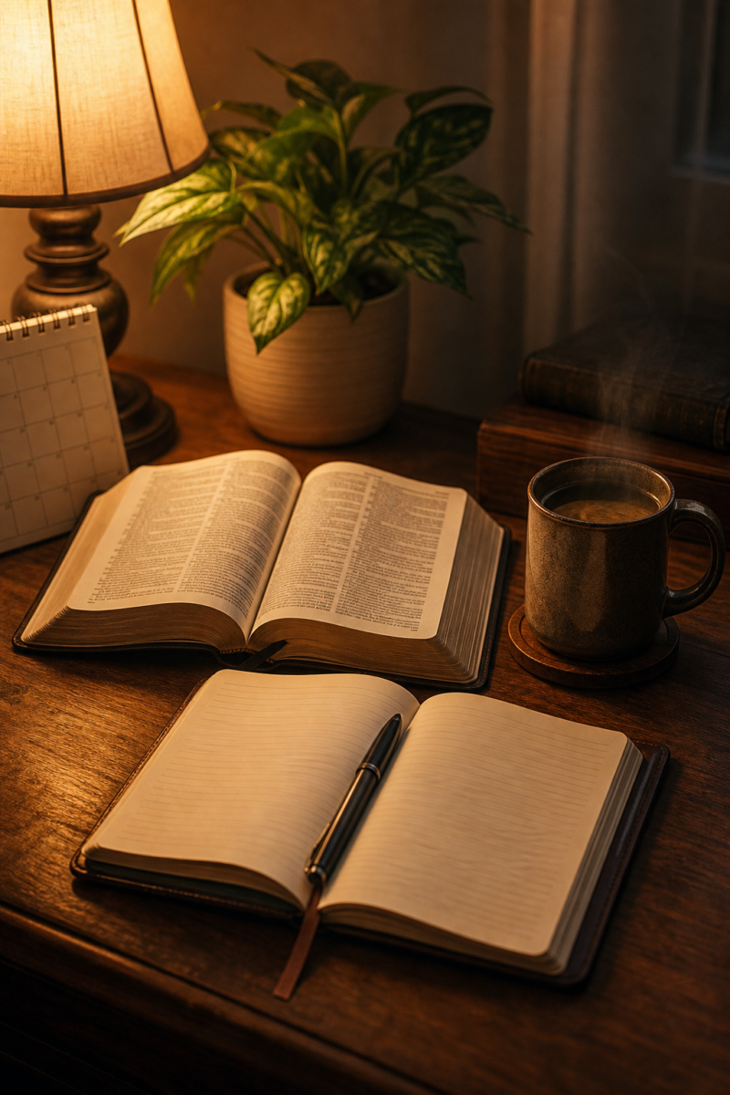 A cozy desk setup with an open Bible, blank journal and pen, steaming coffee