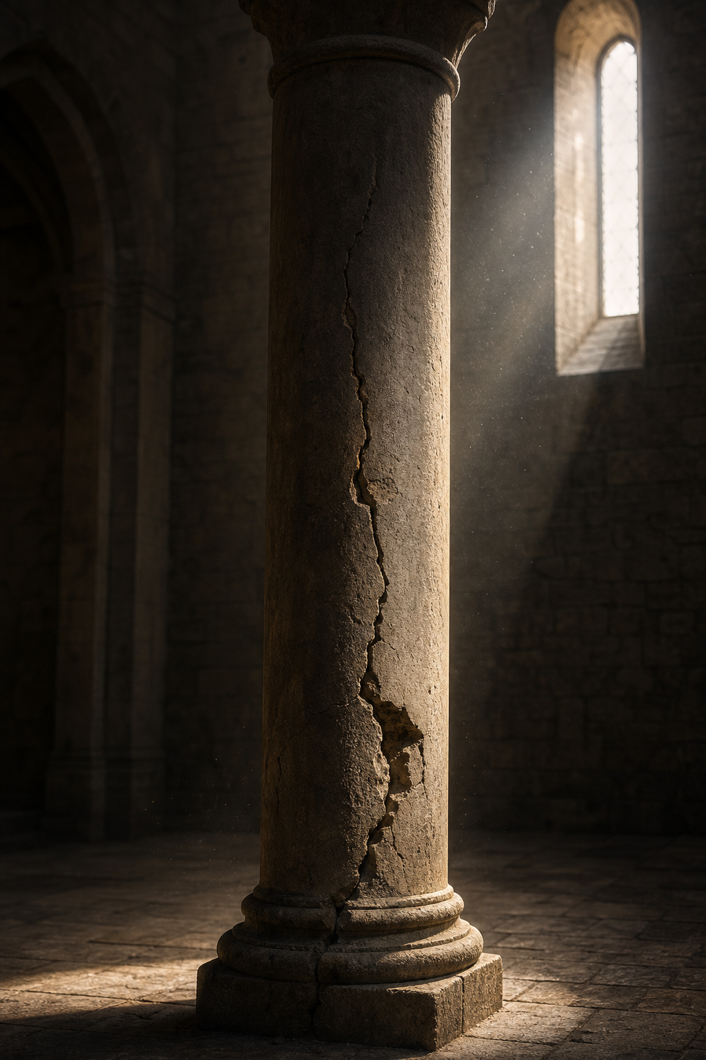A cracked and weathered stone column inside a dimly lit ancient stone building,