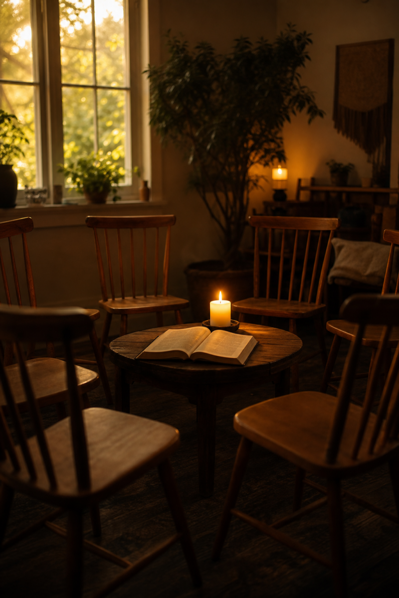 A dimly lit room with wooden chairs arranged around a small round table holding