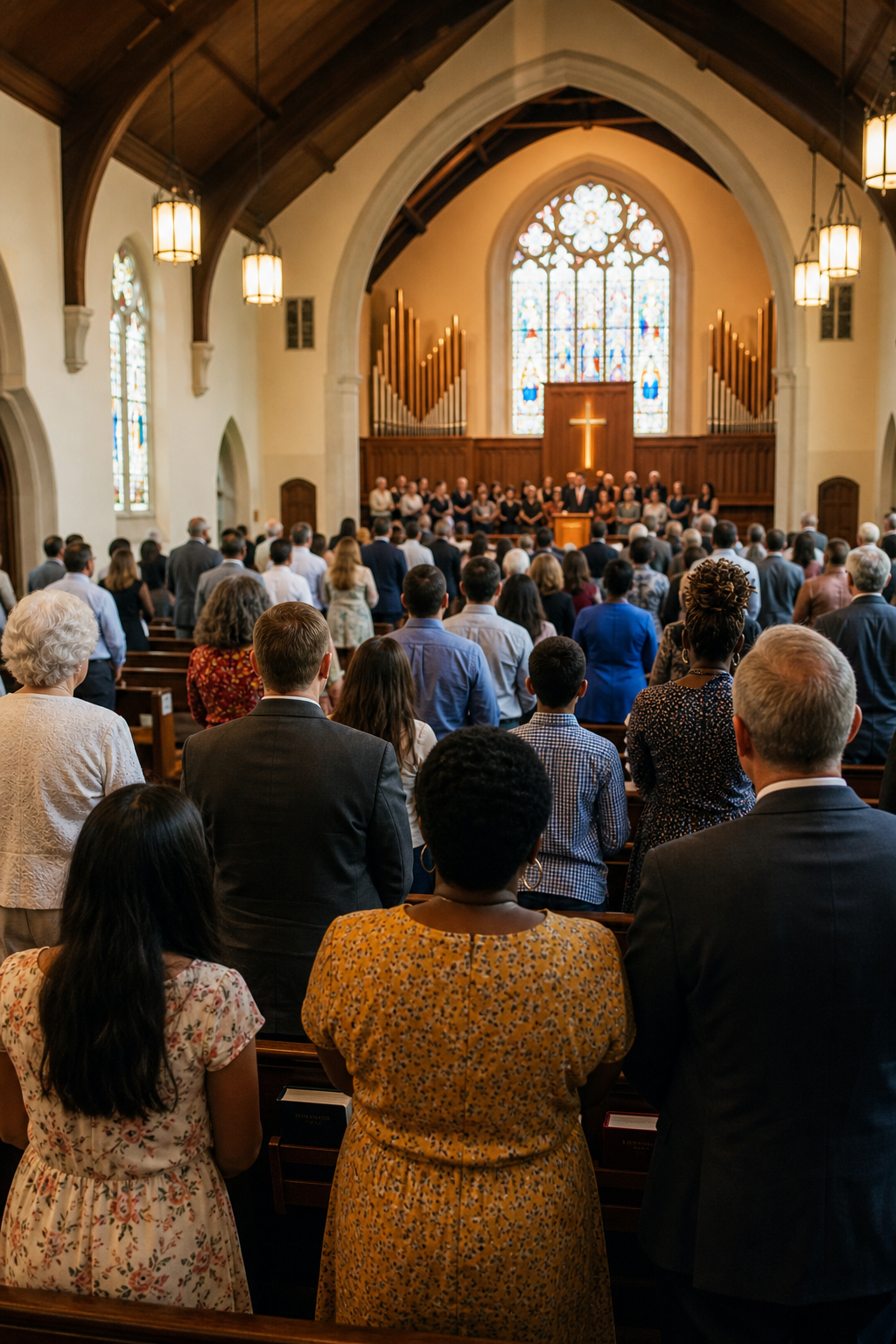 A diverse congregation standing in pews during a church service, facing a choir