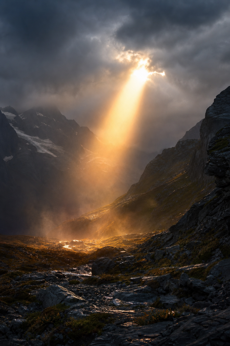 A dramatic beam of golden sunlight breaks through storm clouds, illuminating a