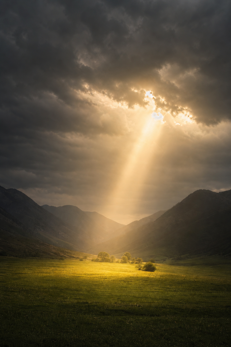 A dramatic beam of sunlight breaks through storm clouds, illuminating a green