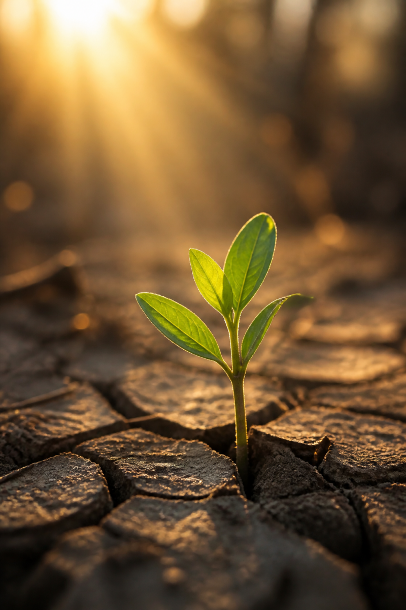 A green seedling sprouting through cracked, dry earth with sunlight rays