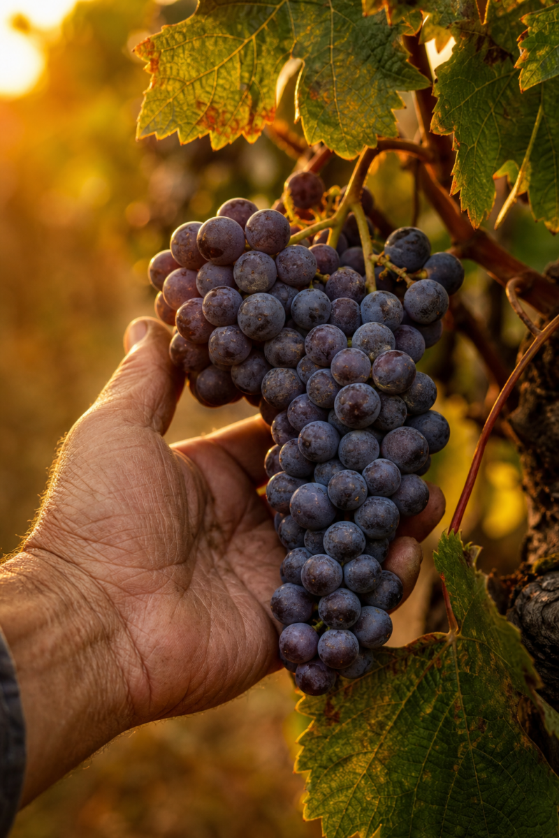 A hand holding a large cluster of ripe red wine grapes on the vine at golden