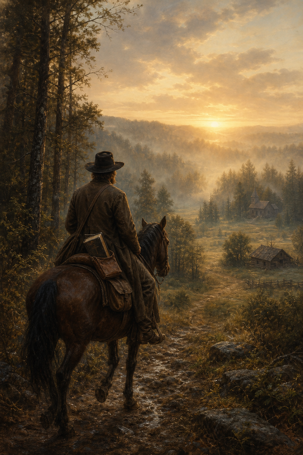 A lone rider on horseback overlooks a misty frontier valley at sunrise, with a