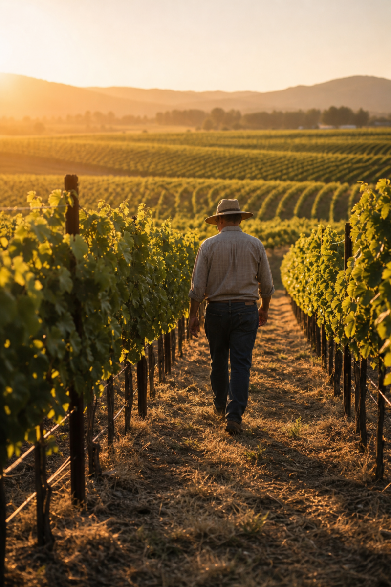 A man in a hat and jeans walks between rows of grapevines in a vast vineyard at