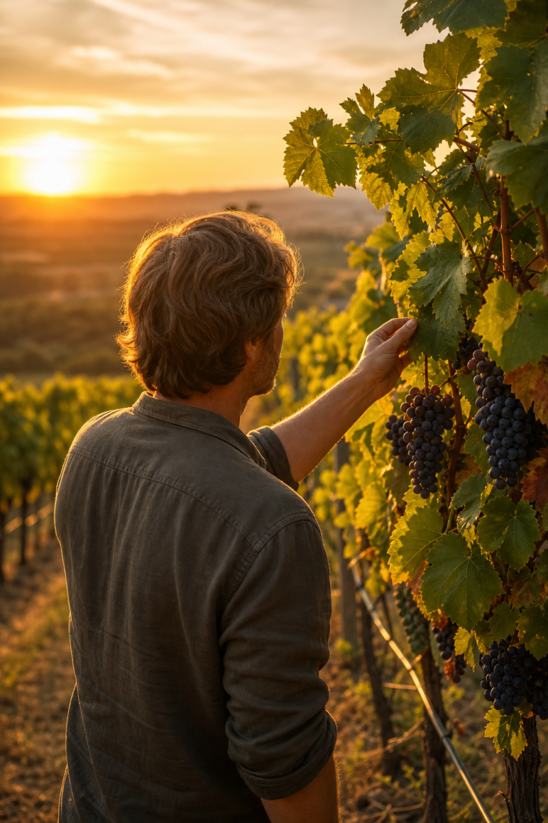 A man inspecting clusters of red grapes on a vineyard vine at sunset