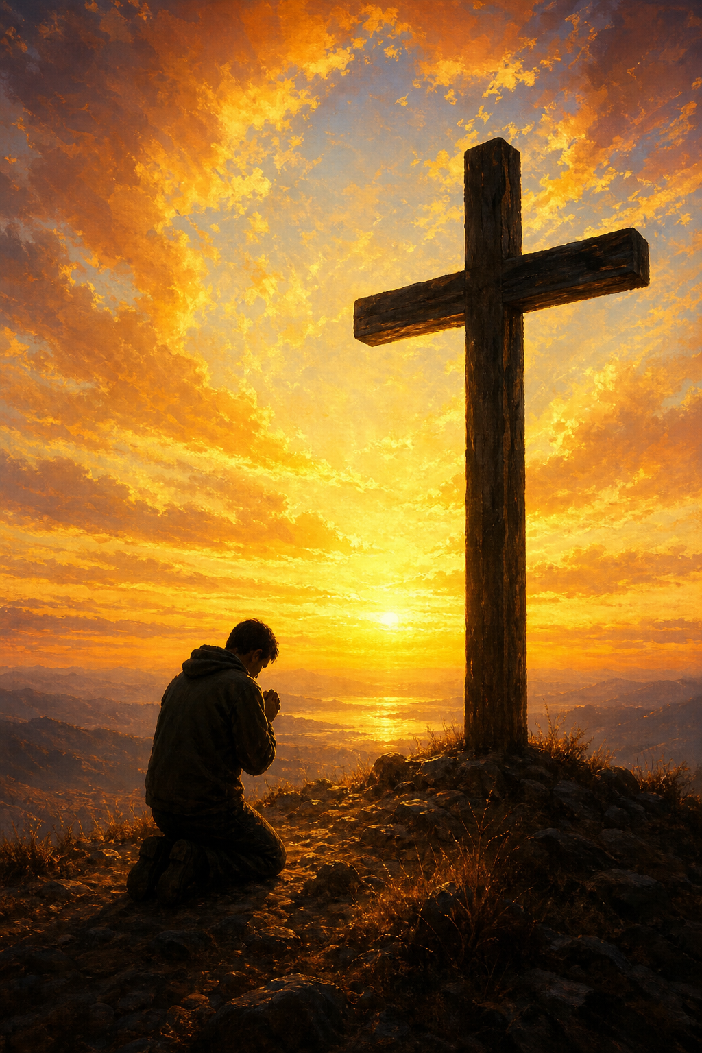 A person kneeling in prayer before a large wooden cross on a hilltop,