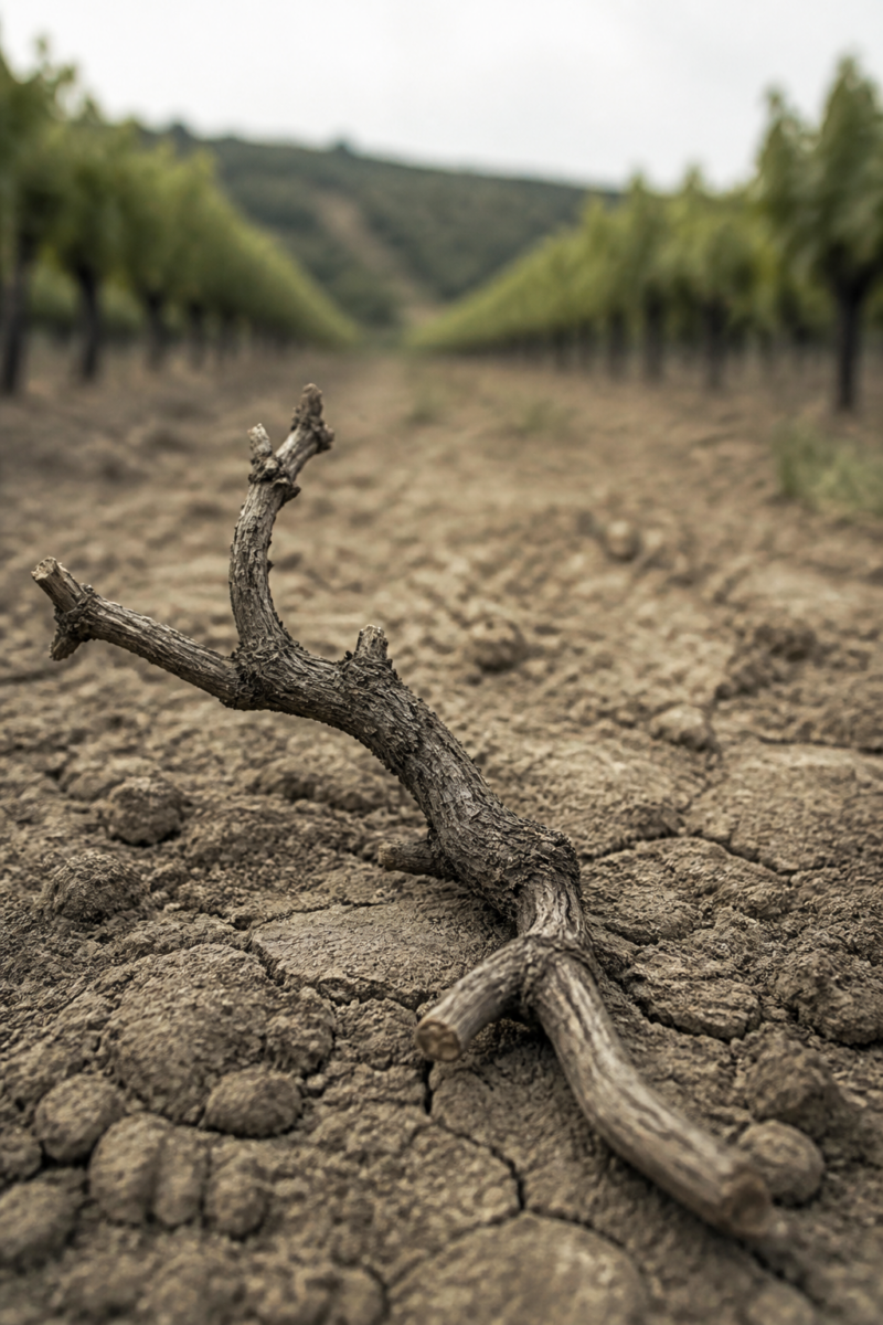 A pruned grapevine cutting lying on dry, cracked soil between rows of