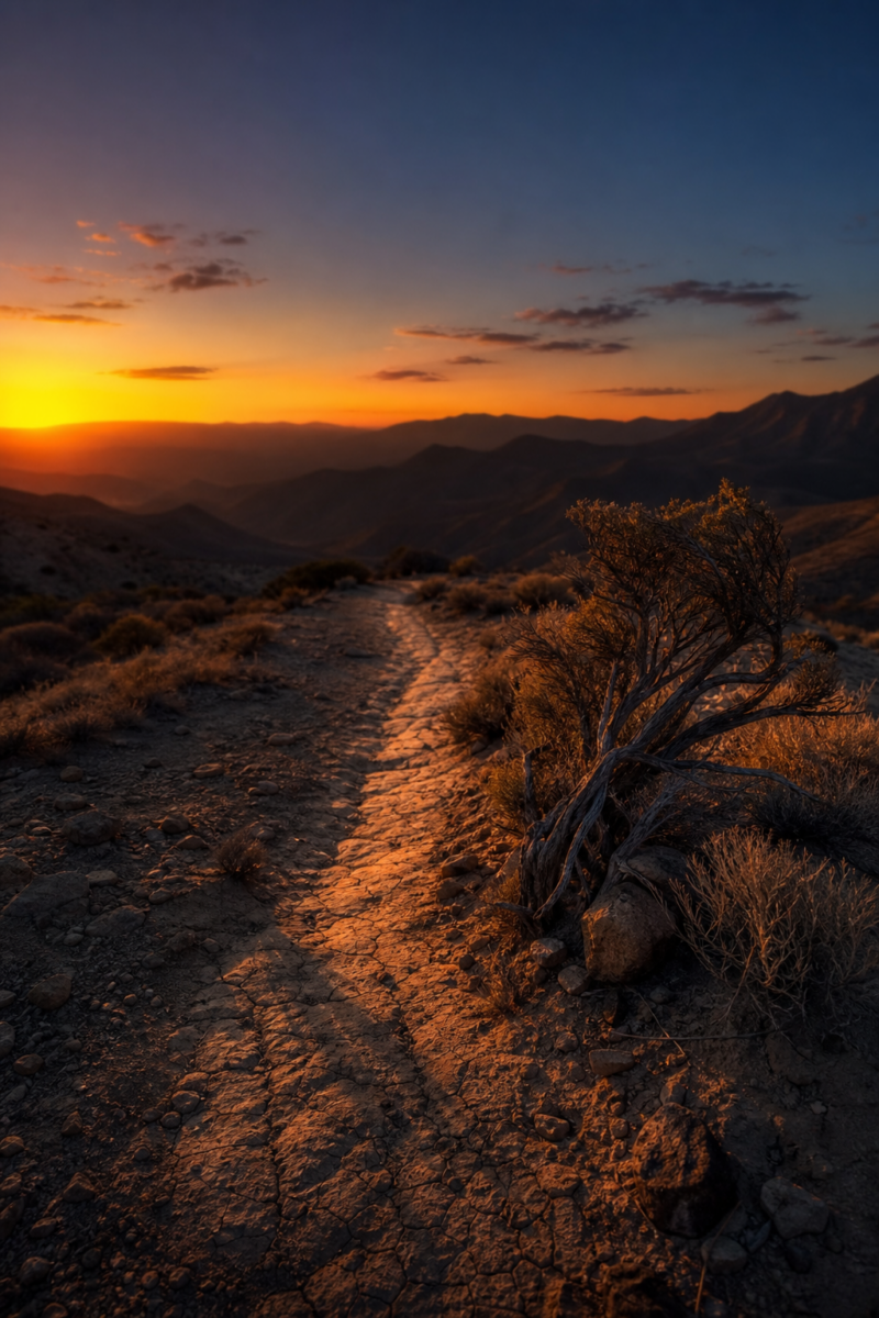 A rocky desert trail lit by golden sunset light, with a gnarled shrub alongside