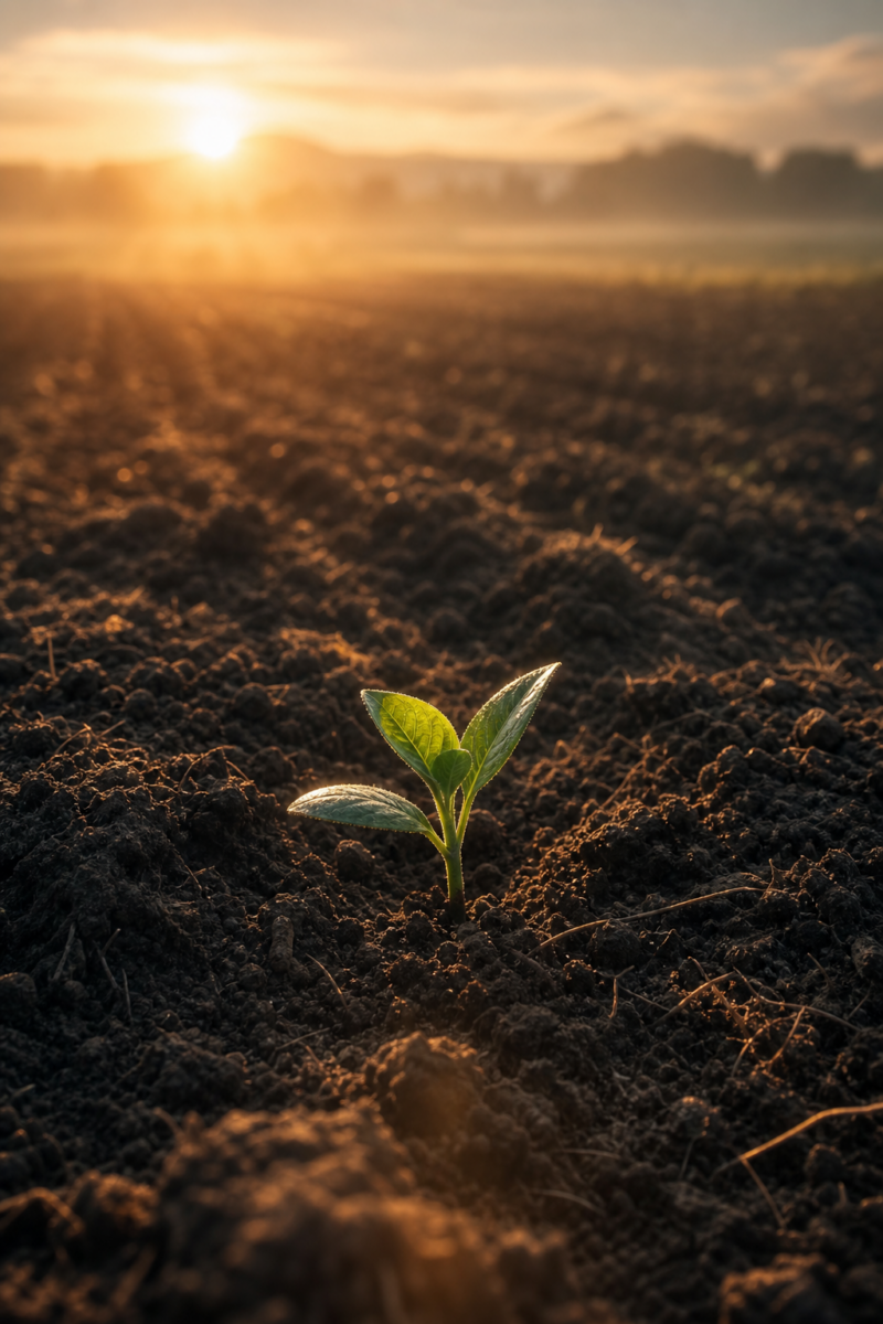 A small green seedling emerging from dark tilled soil in a farm field at