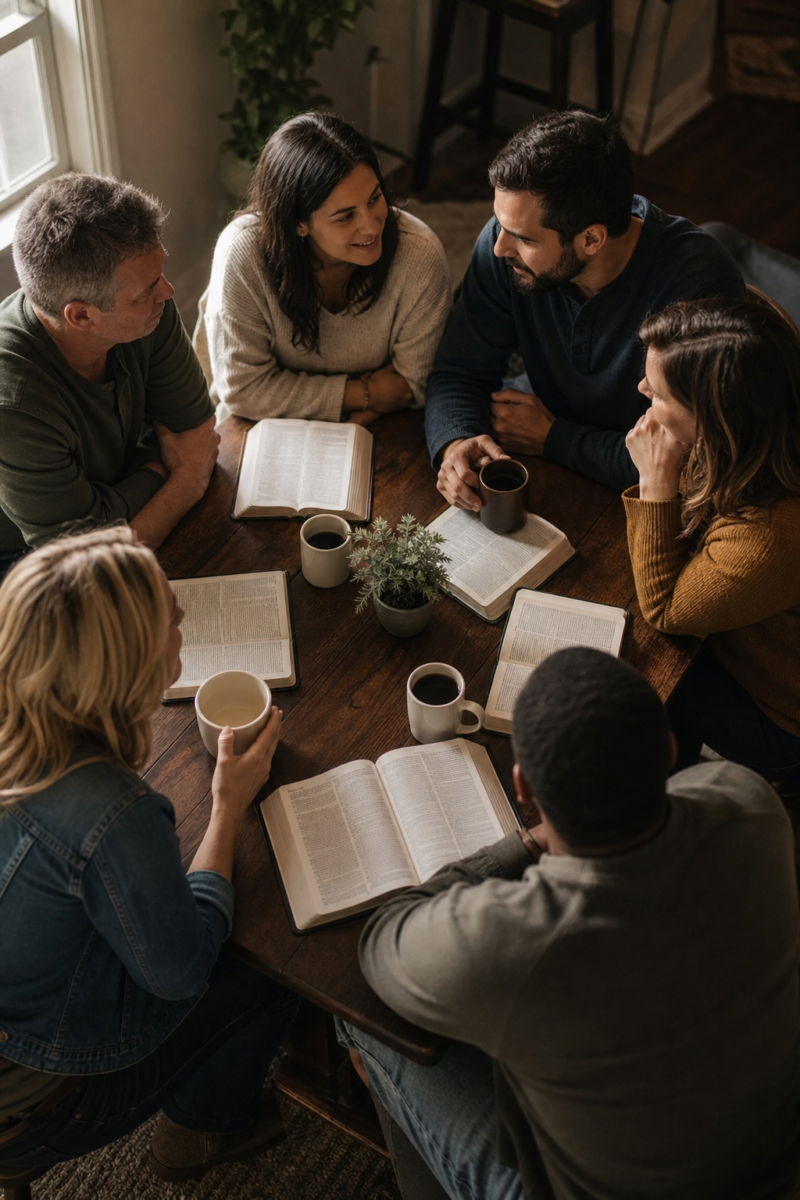 A small group of adults gathered around a wooden table with open Bibles and