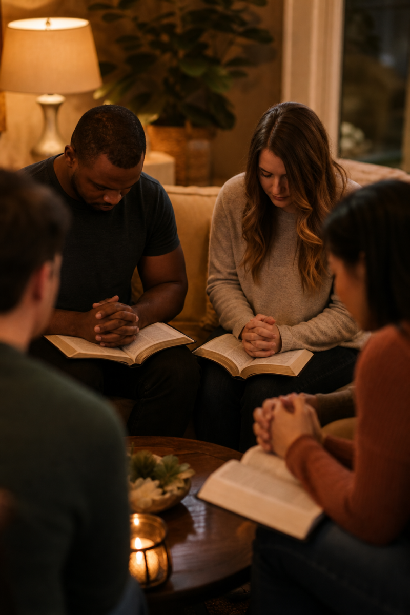 A small group of people sitting in a circle with open Bibles on their laps,