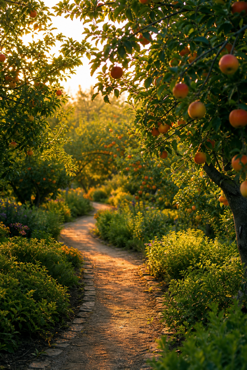 A winding stone path through an apple orchard at golden hour, with ripe red