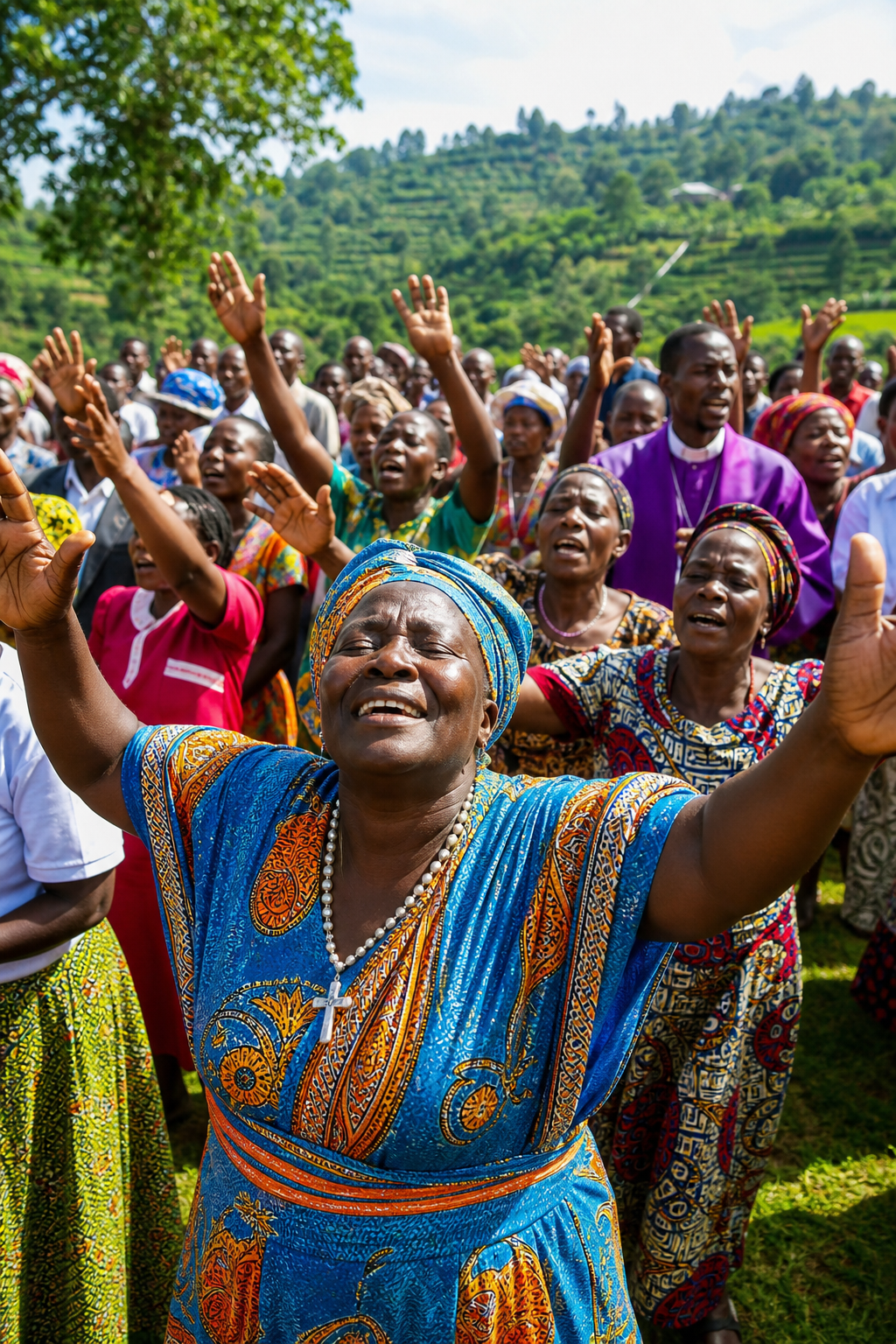 A woman in a blue patterned dress and cross necklace raises her hands in