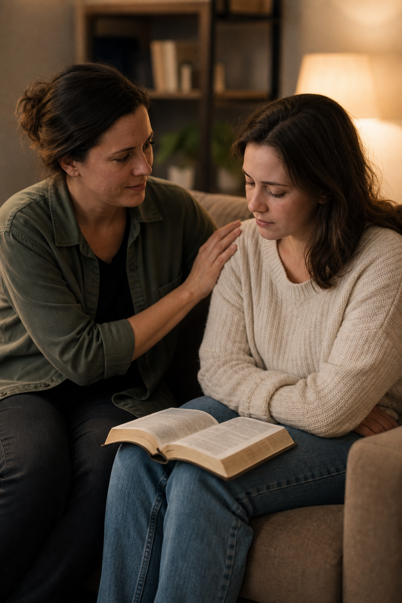 A woman places a comforting hand on another woman's shoulder as she sits with