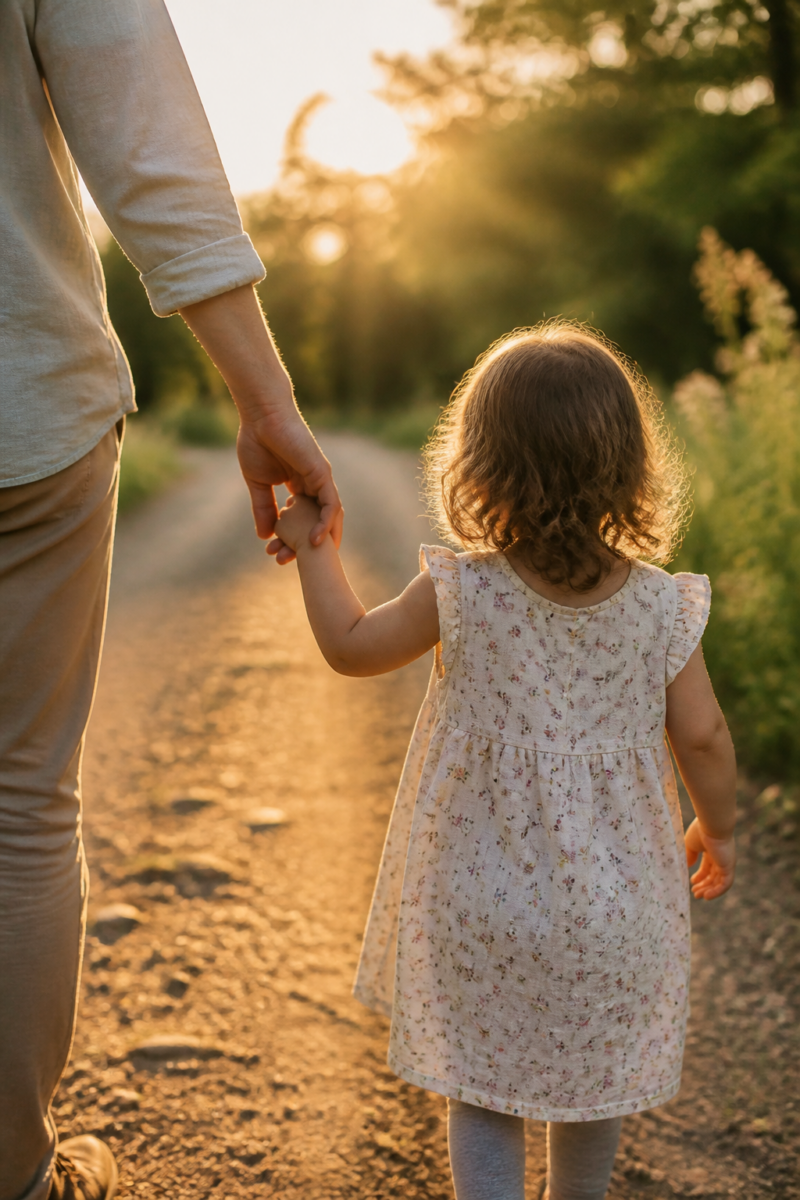 A young girl in a floral dress holds an adult's hand while walking down a