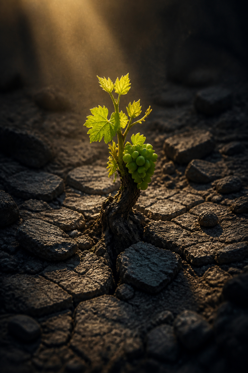 A young grapevine with green grapes and leaves grows through cracked, dry