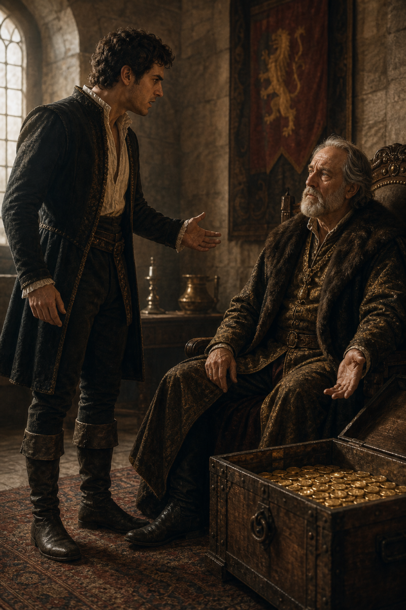 A young man in medieval attire gestures toward an elder nobleman seated on a
