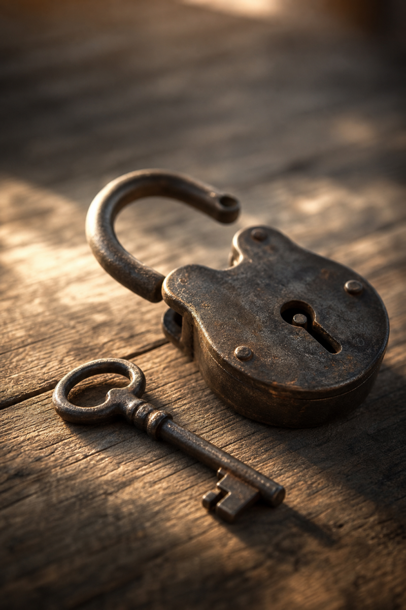 An antique brass padlock with its shackle open, resting beside a matching