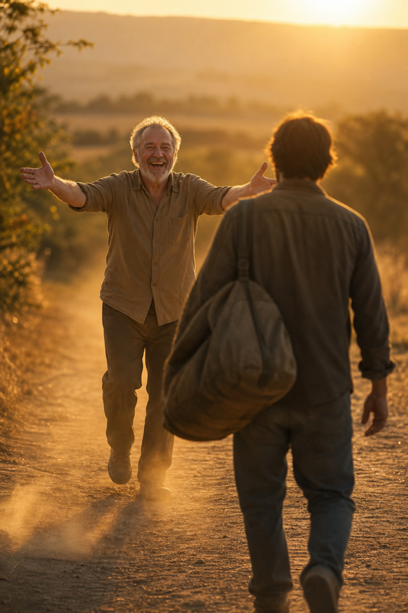 An older man runs joyfully with open arms toward a younger man carrying a bag